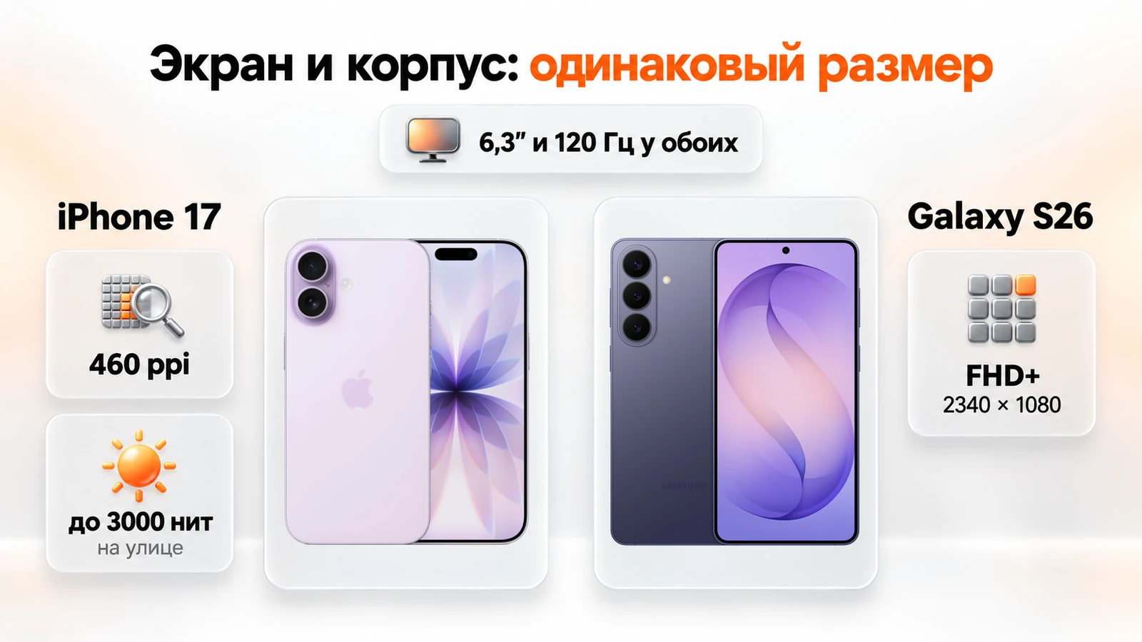 Экраны iPhone 17 и Galaxy S26: 6,3″ и 120 Гц у обоих, 460 ppi и до 3000 нит у iPhone, FHD+ 2340 × 1080 у Samsung