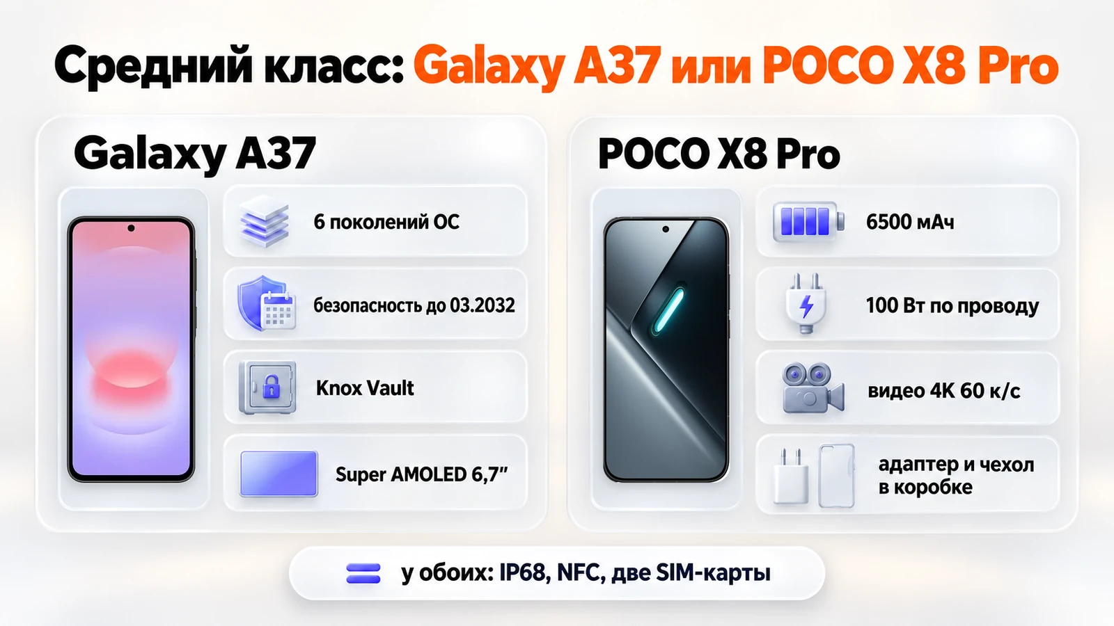 Galaxy A37 или POCO X8 Pro: шесть поколений ОС и Knox Vault против 6500 мАч, 100 Вт и видео 4K 60 к/с