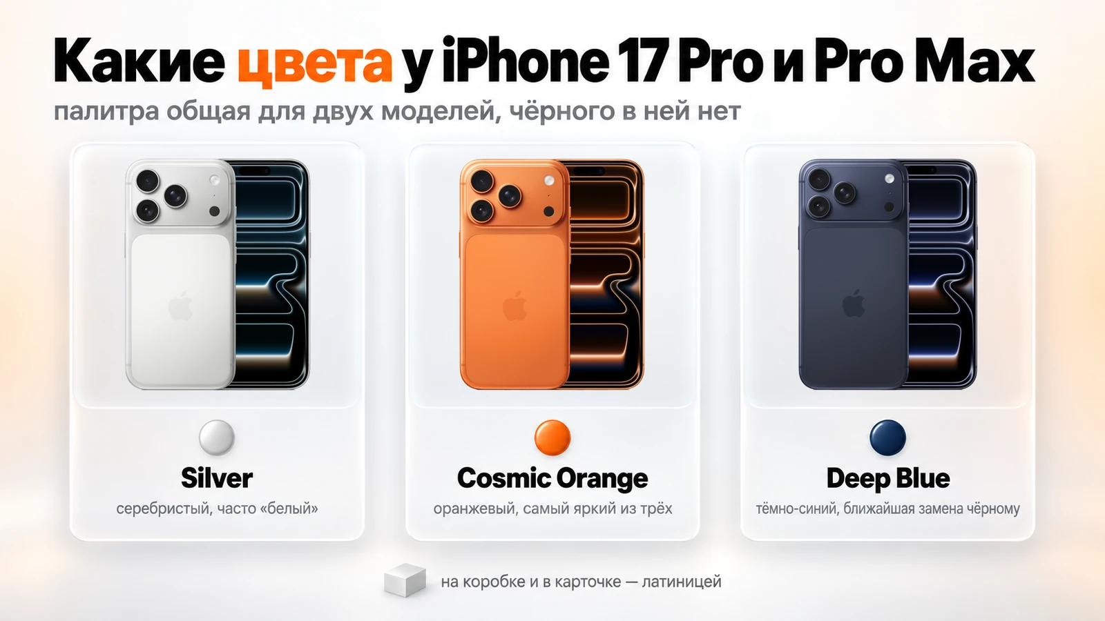 iPhone 17 Pro Max Silver, Cosmic Orange и Deep Blue — вид сзади