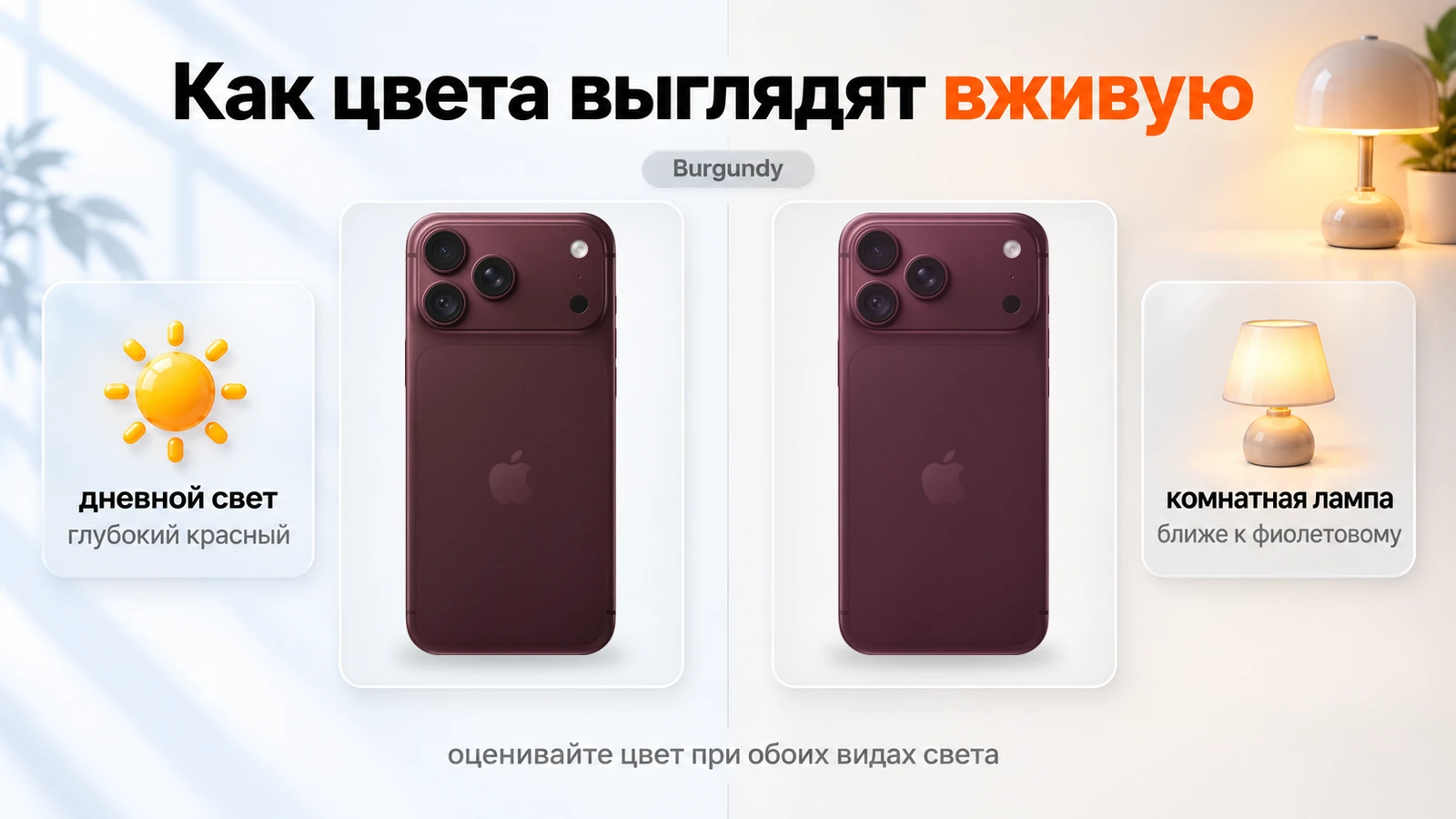 iPhone 18 Pro Burgundy при дневном свете и под комнатной лампой