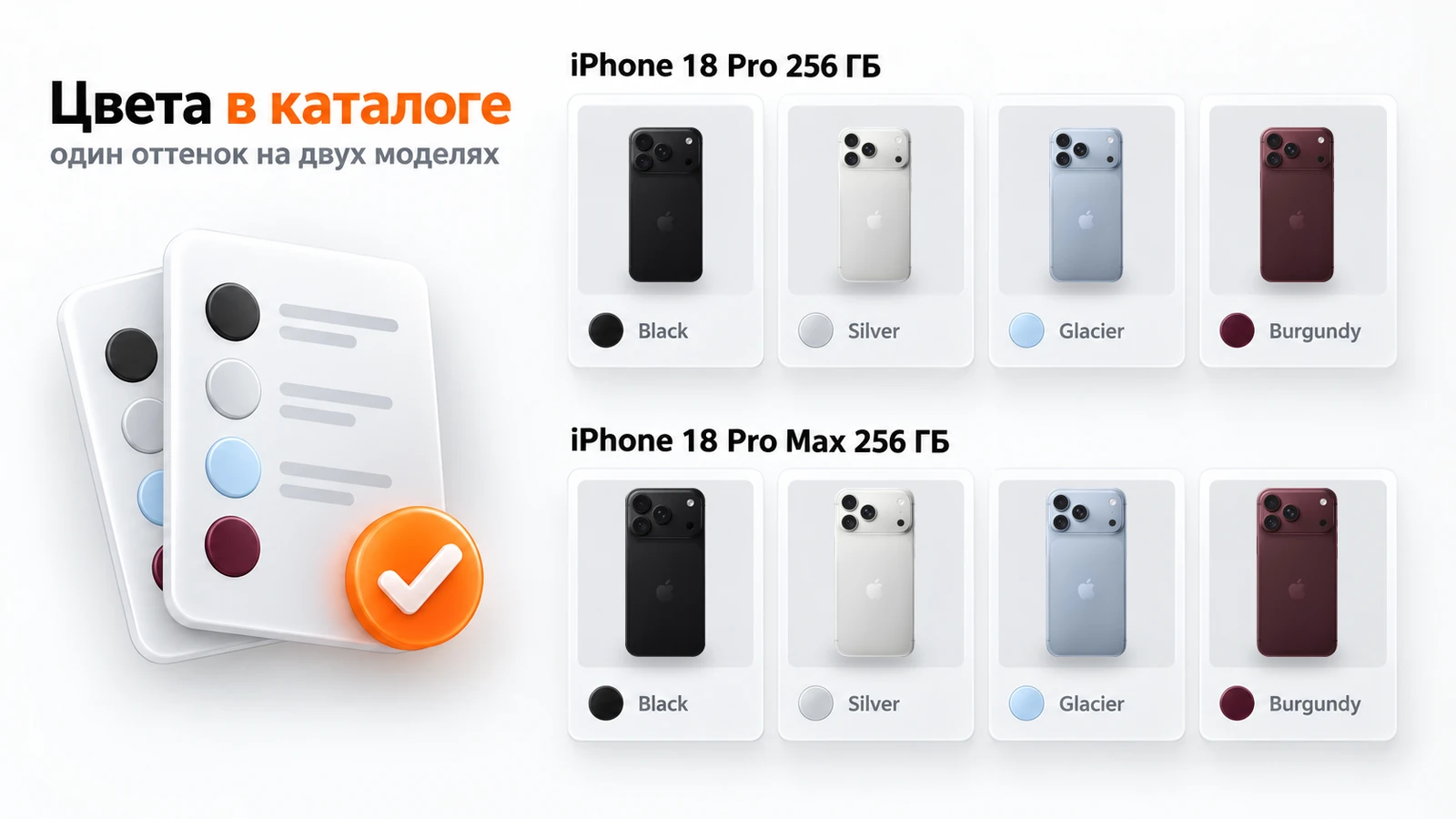 iPhone 18 Pro и 18 Pro Max 256 ГБ в цветах Black, Silver, Glacier и Burgundy