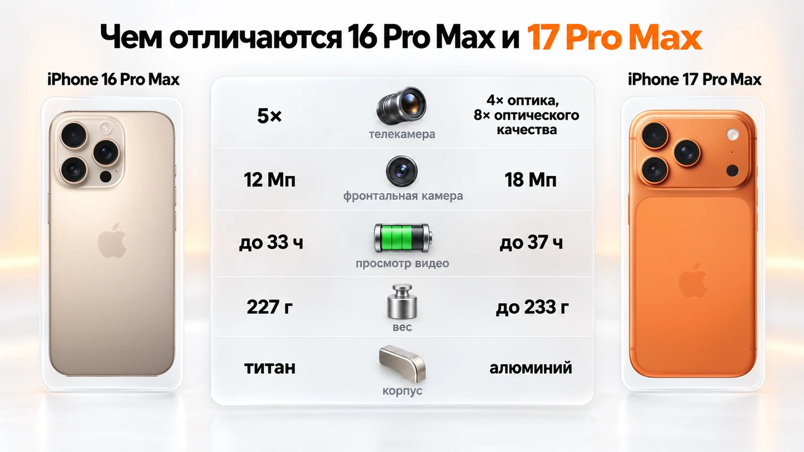 Отличия iPhone 16 Pro Max и 17 Pro Max: телекамера, фронтальная камера, время работы, вес и материал корпуса