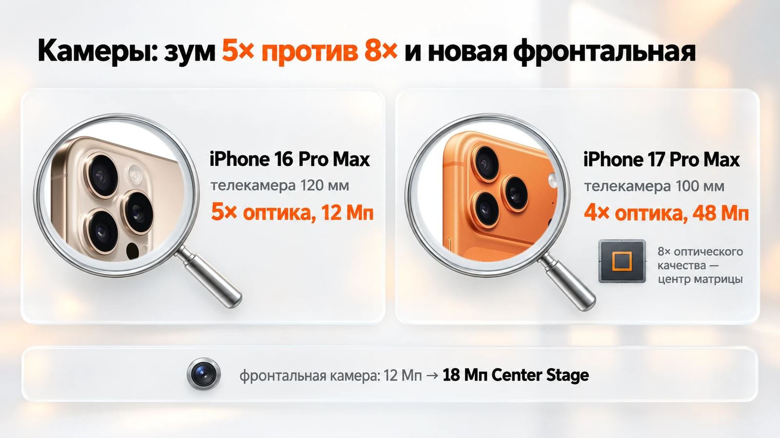 Телекамеры iPhone 16 Pro Max и 17 Pro Max: 5× на 12 Мп против 4× на 48 Мп и 8× оптического качества