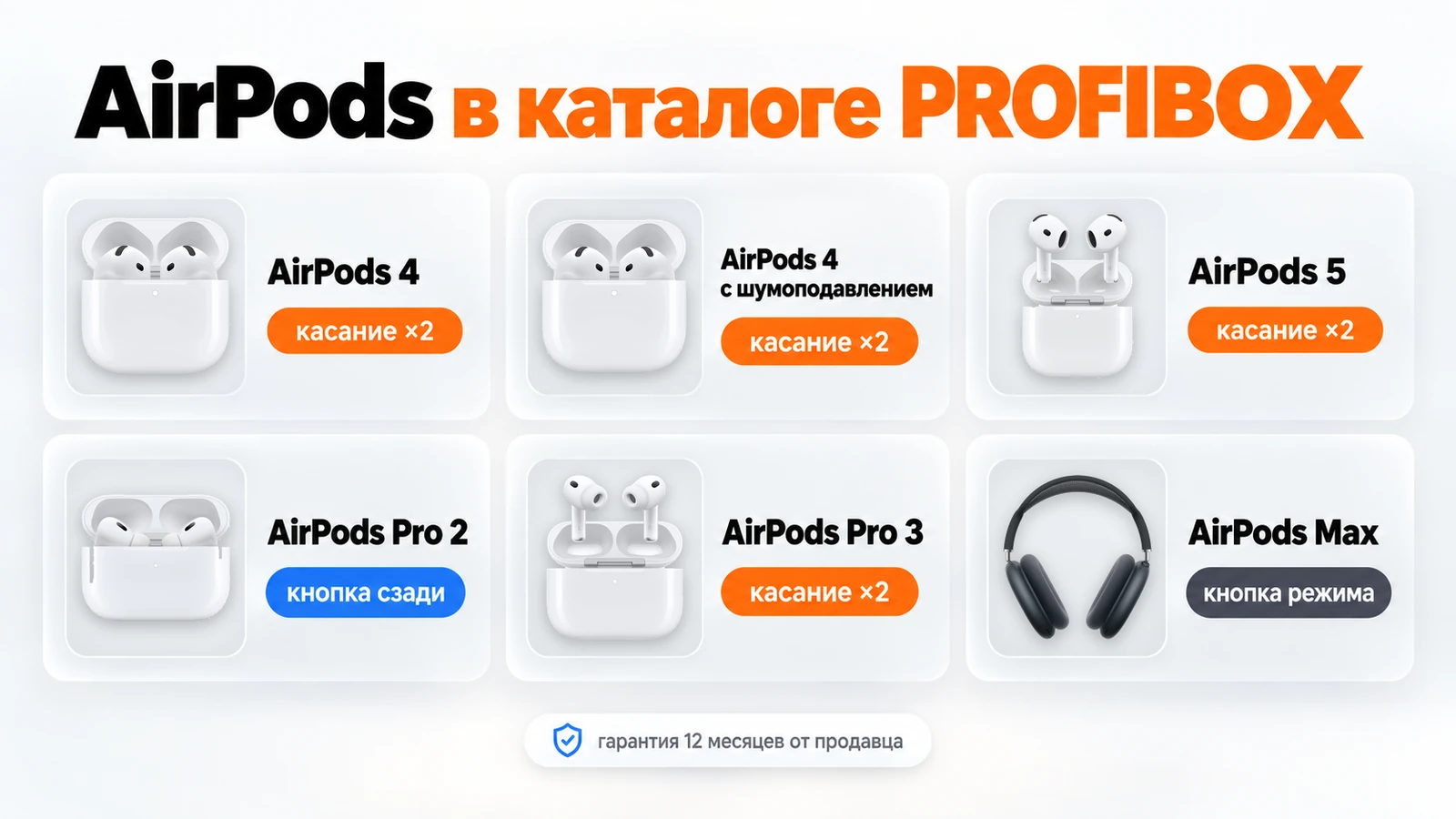 AirPods в каталоге PROFIBOX: AirPods 4, AirPods 5, AirPods Pro 2, AirPods Pro 3 и AirPods Max