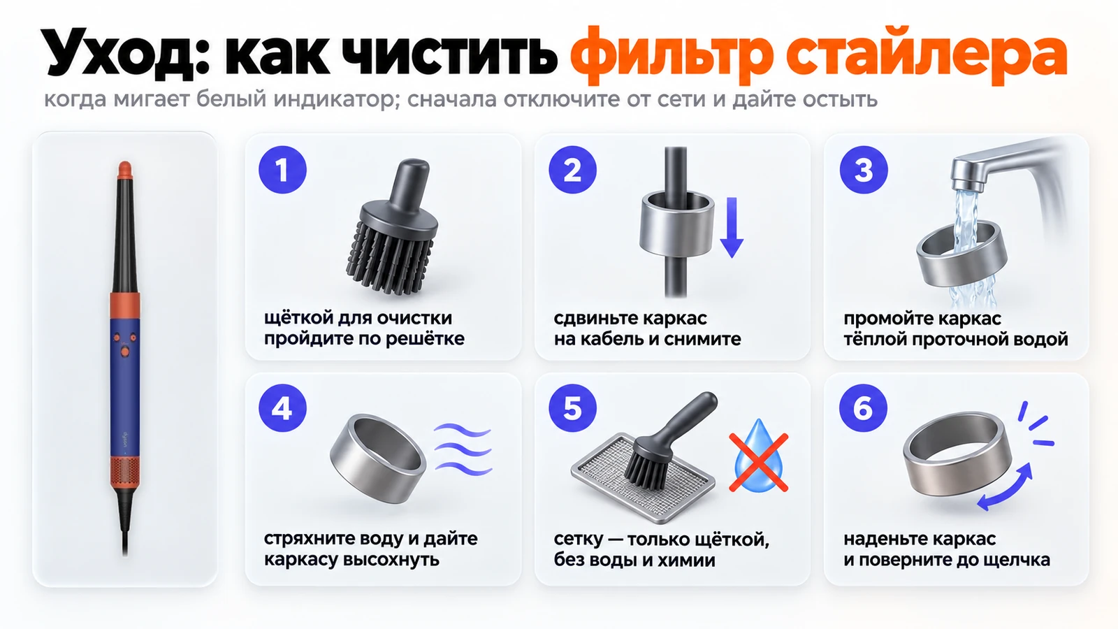 Как чистить фильтр стайлера Dyson Airwrap: щётка по решётке, каркас промыть водой и высушить, сетку — только щёткой