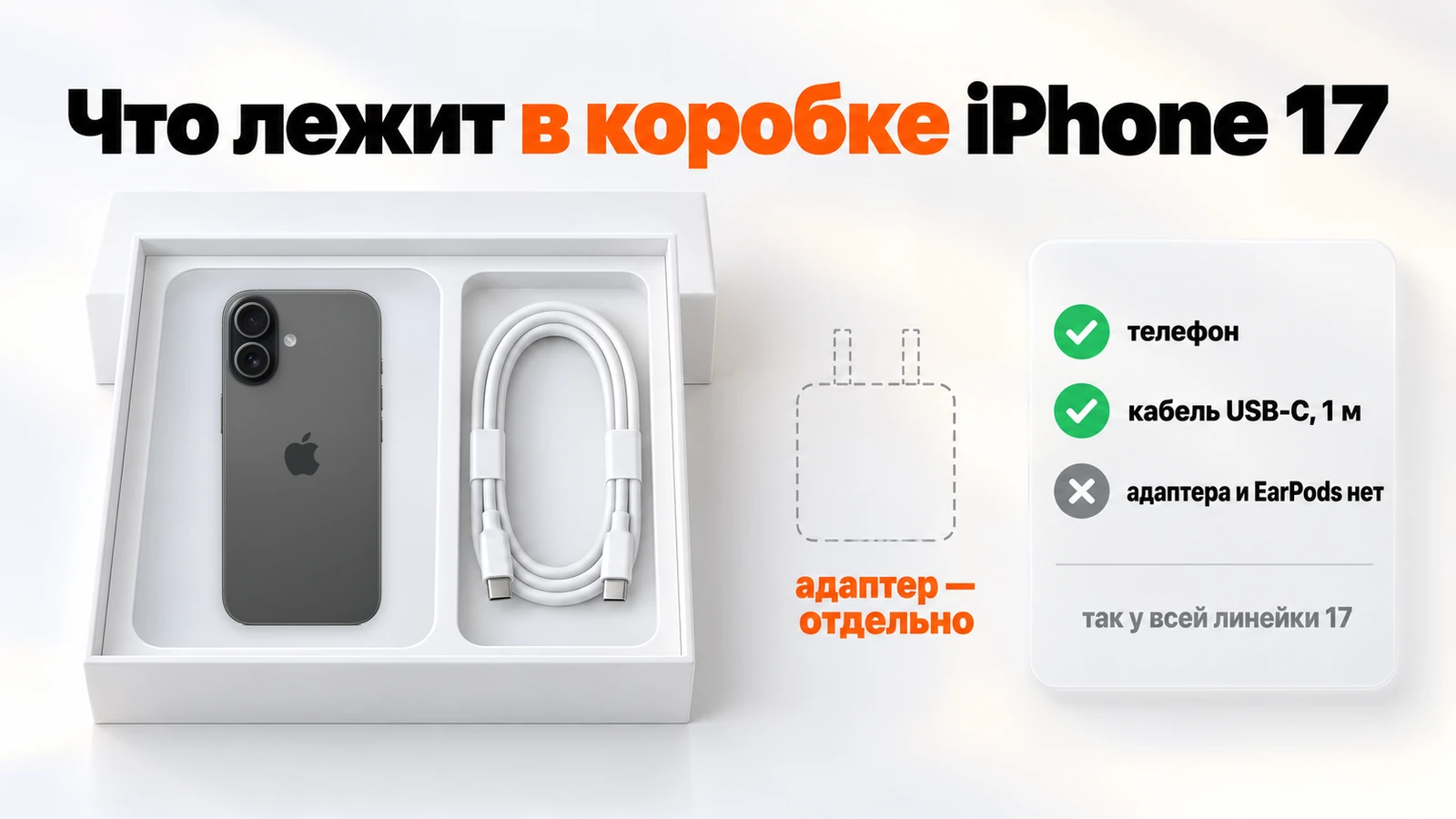 Что лежит в коробке iPhone 17: телефон и кабель USB-C, адаптера питания нет
