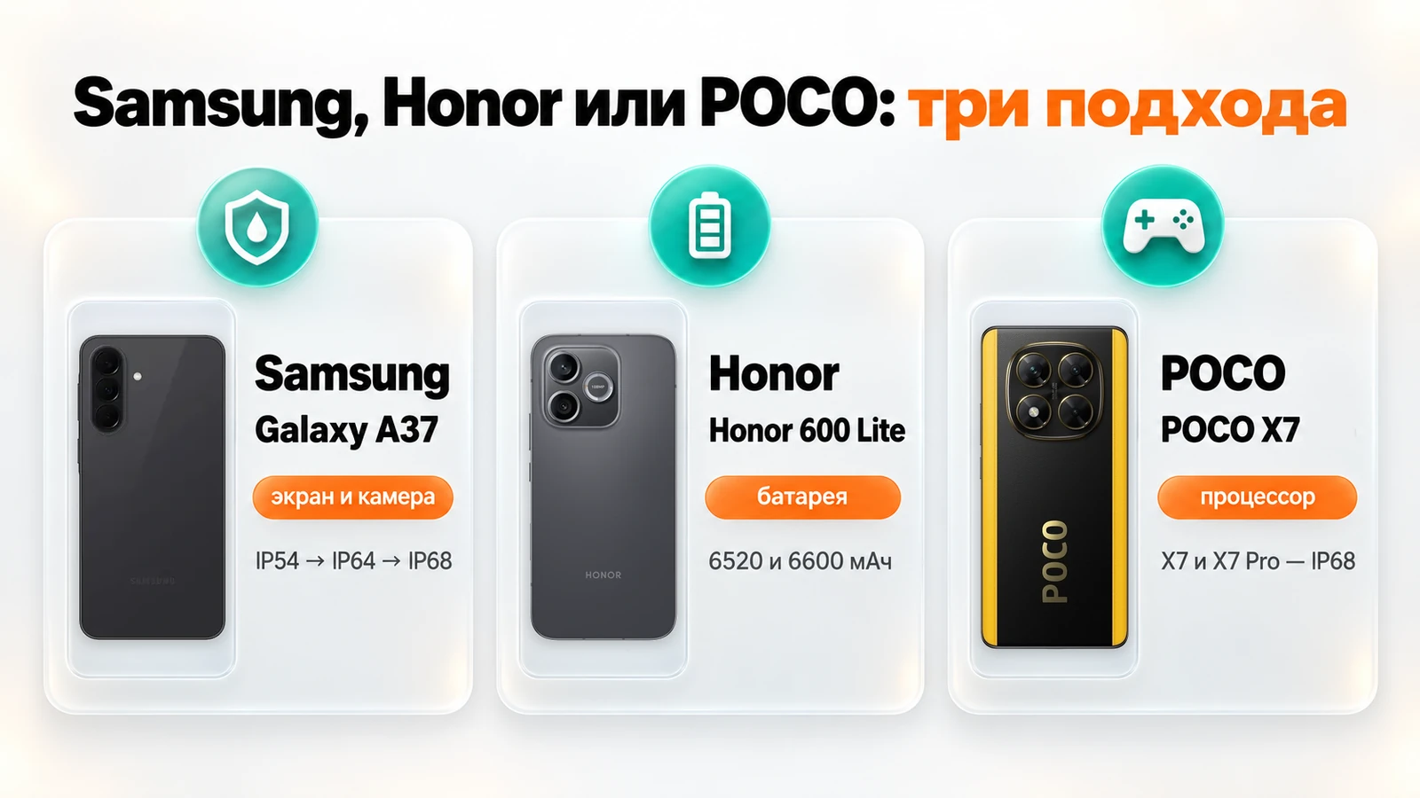 Samsung, Honor или POCO: Samsung делает ставку на экран и камеру, Honor — на батарею, POCO — на процессор
