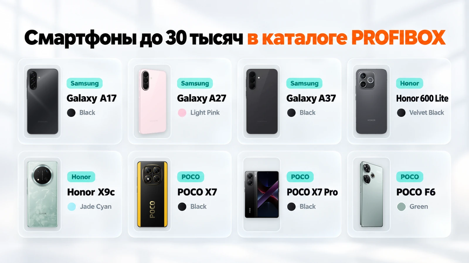 Смартфоны до 30 тысяч в каталоге PROFIBOX: Galaxy A17, A27, A37, Honor 600 Lite, Honor X9c, POCO X7, X7 Pro и F6
