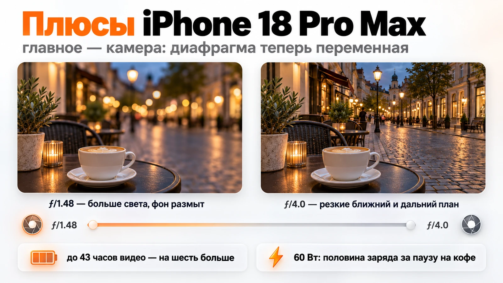 Переменная диафрагма iPhone 18 Pro Max: вечерняя улица при ƒ/1.48 и при ƒ/4.0